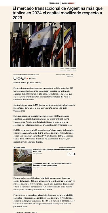 El mercado transaccional de Argentina ms que triplica en 2024 el capital movilizado respecto a 2023
